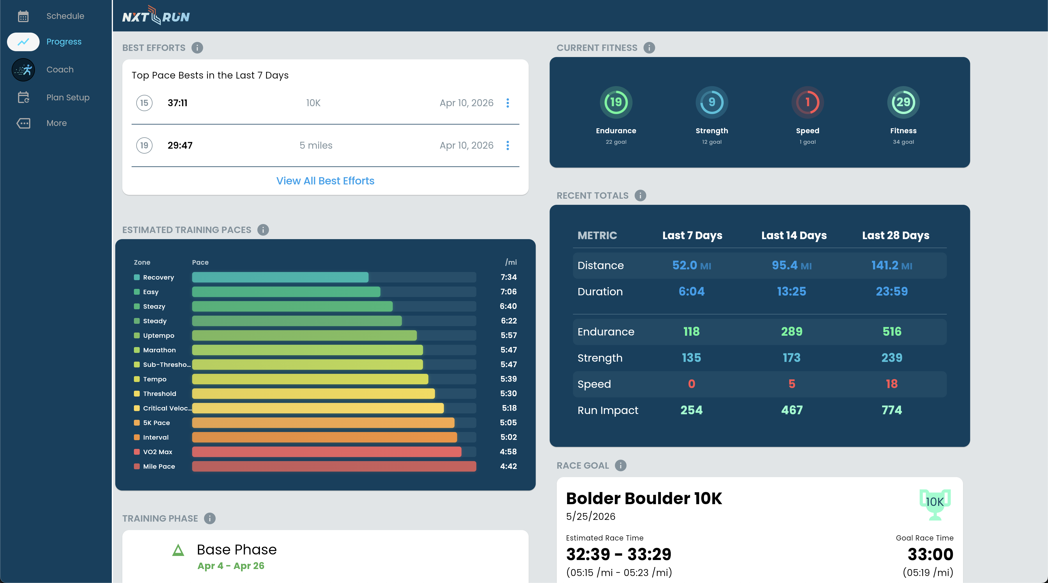 NXT RUN progress dashboard with fitness rings and race goal