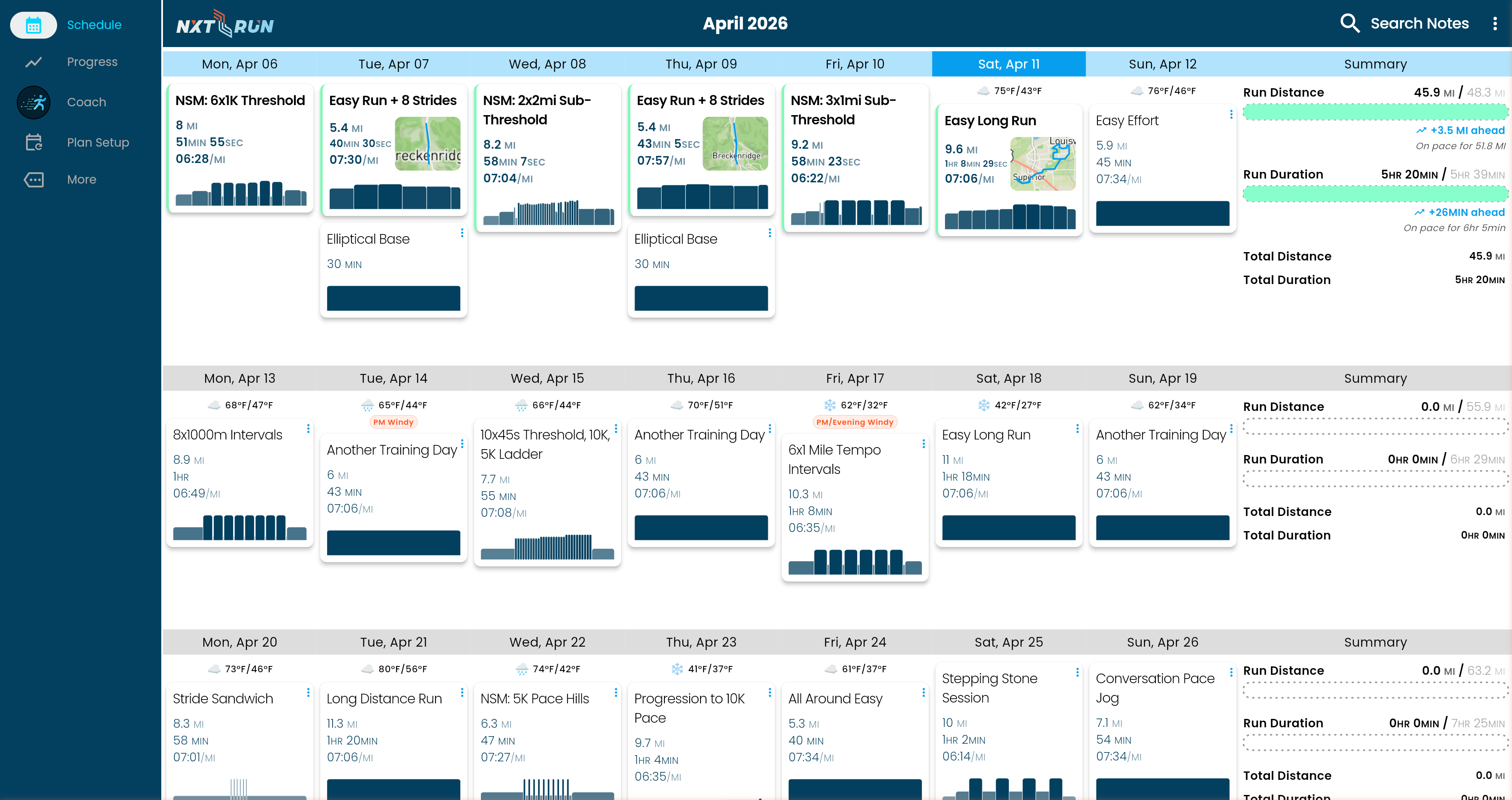 NXT RUN weekly training calendar on desktop