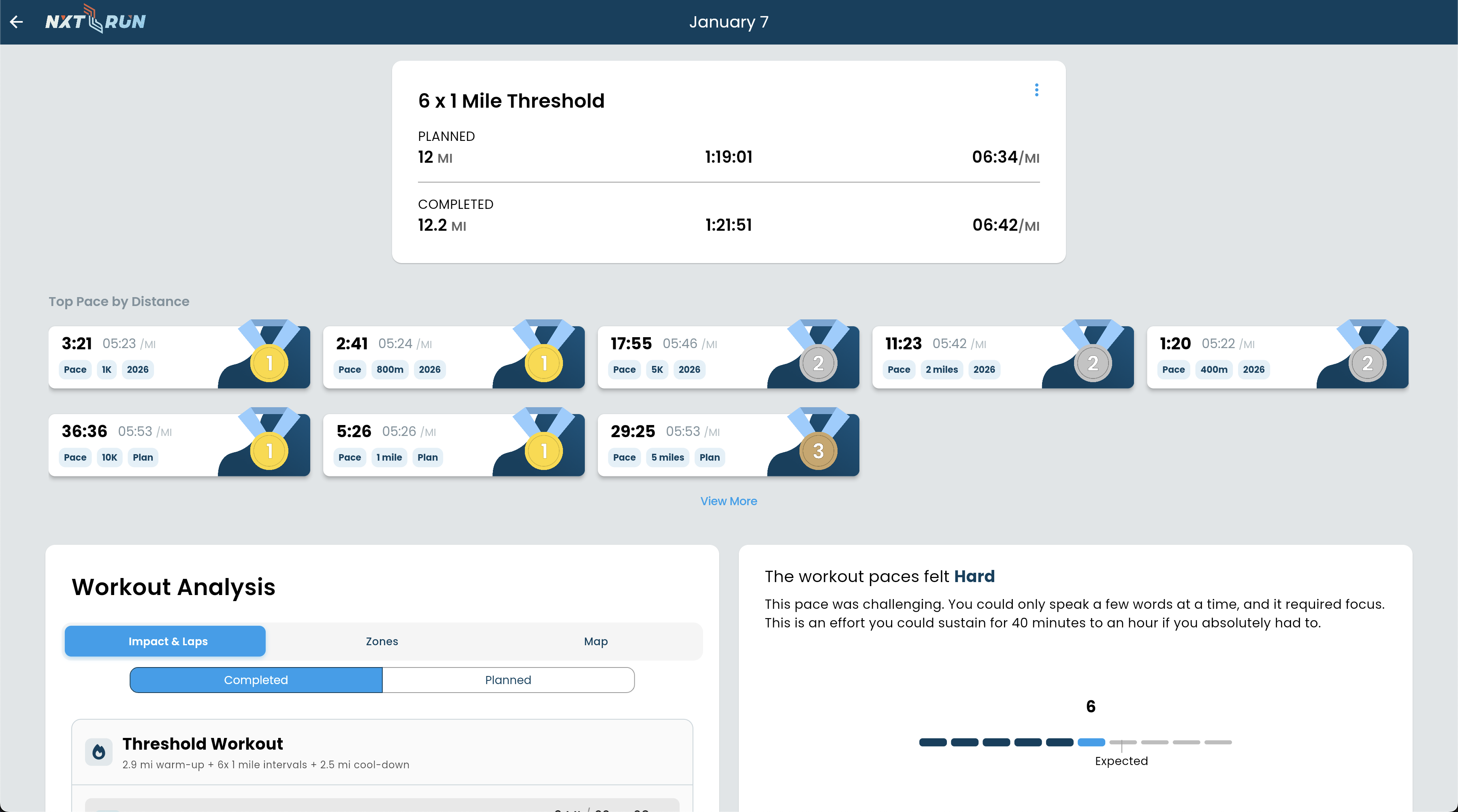 NXT RUN workout detail with best effort medals