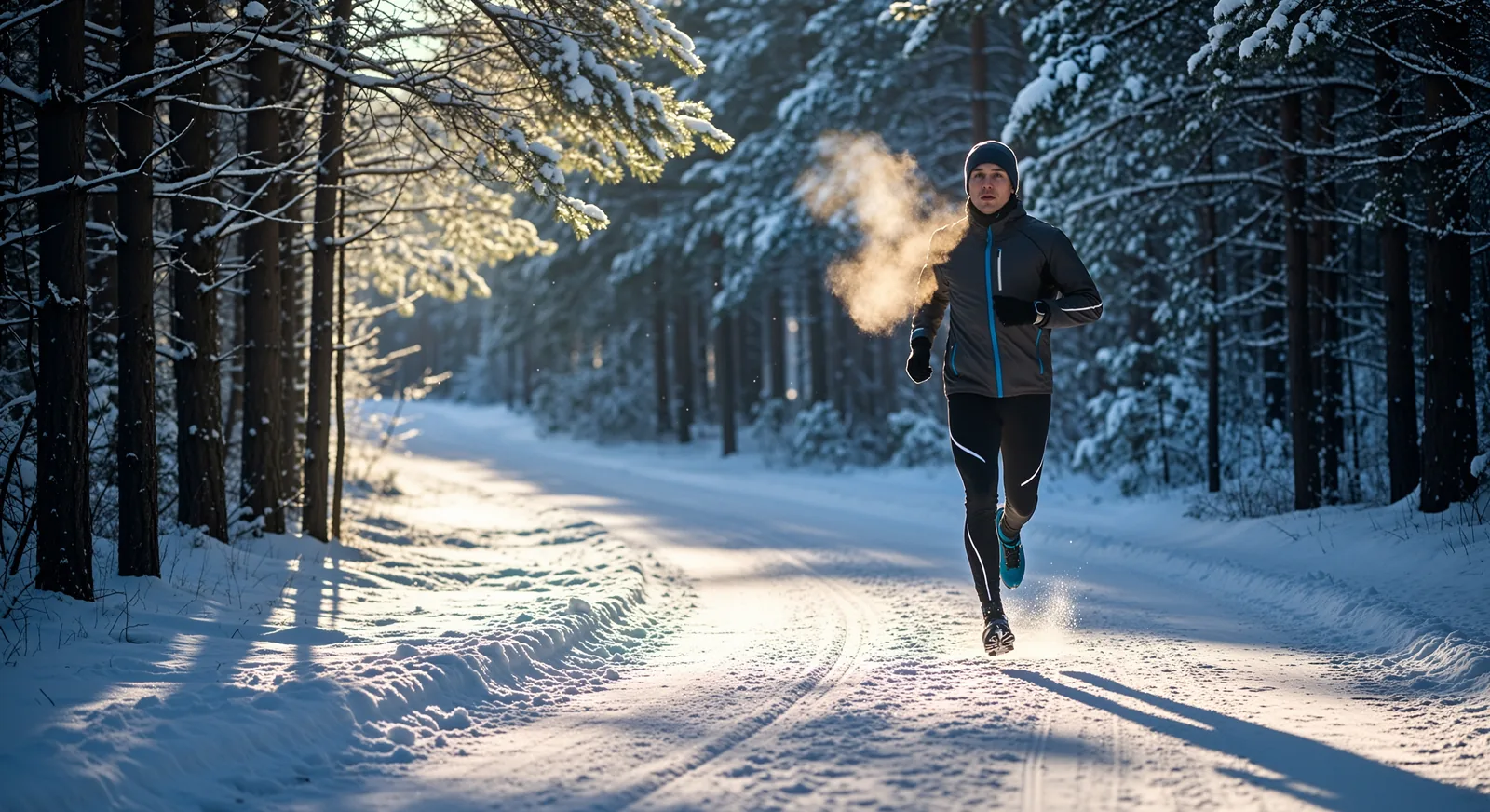 A runner breathing out a cloud of vapor on a snowy forest road